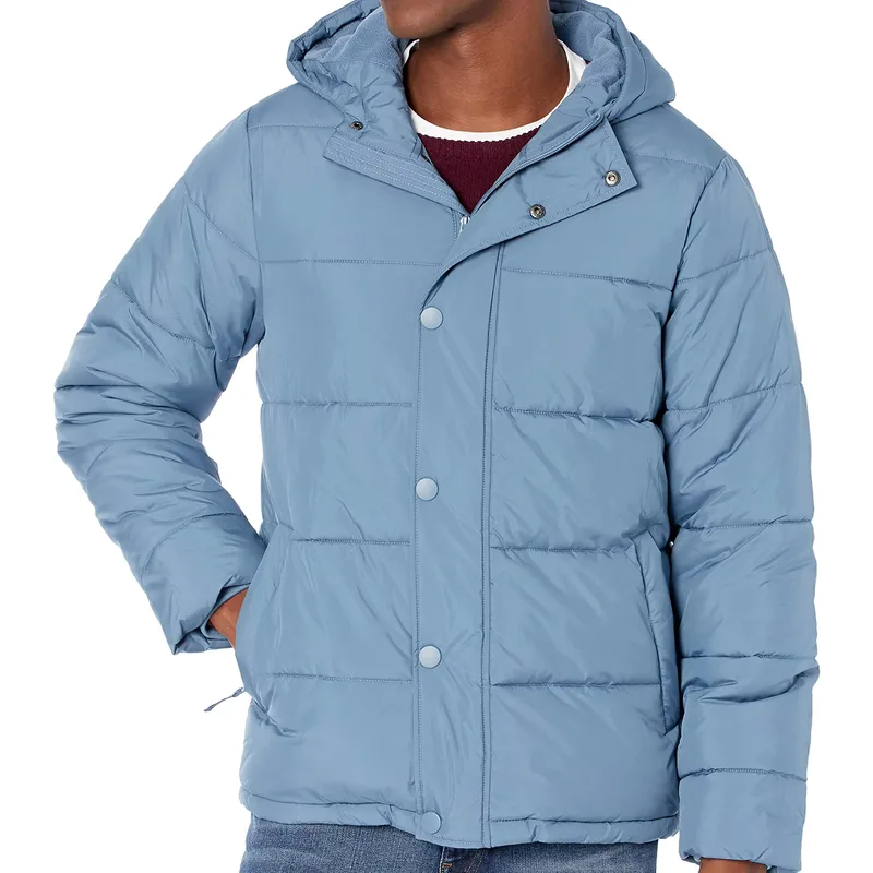 Men's Lightweight Hooded Puffer Jacket — 4 Colourways — Light Blue, worn front view