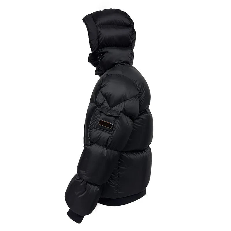 Men's Lightweight Packable Puffer Jacket — 1 Colourway — Black, side view with sleeve patch