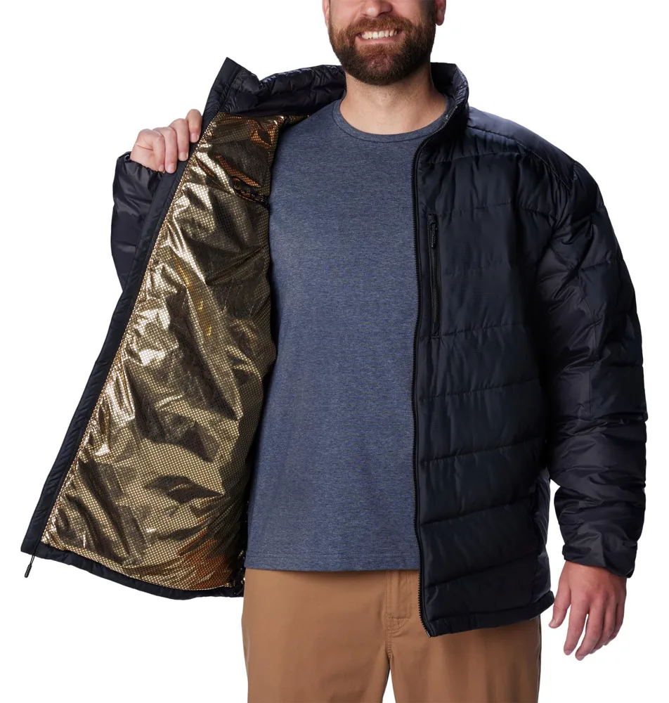 Men’s Lightweight Puffer Jacket — Black — Black, open view with gold lining