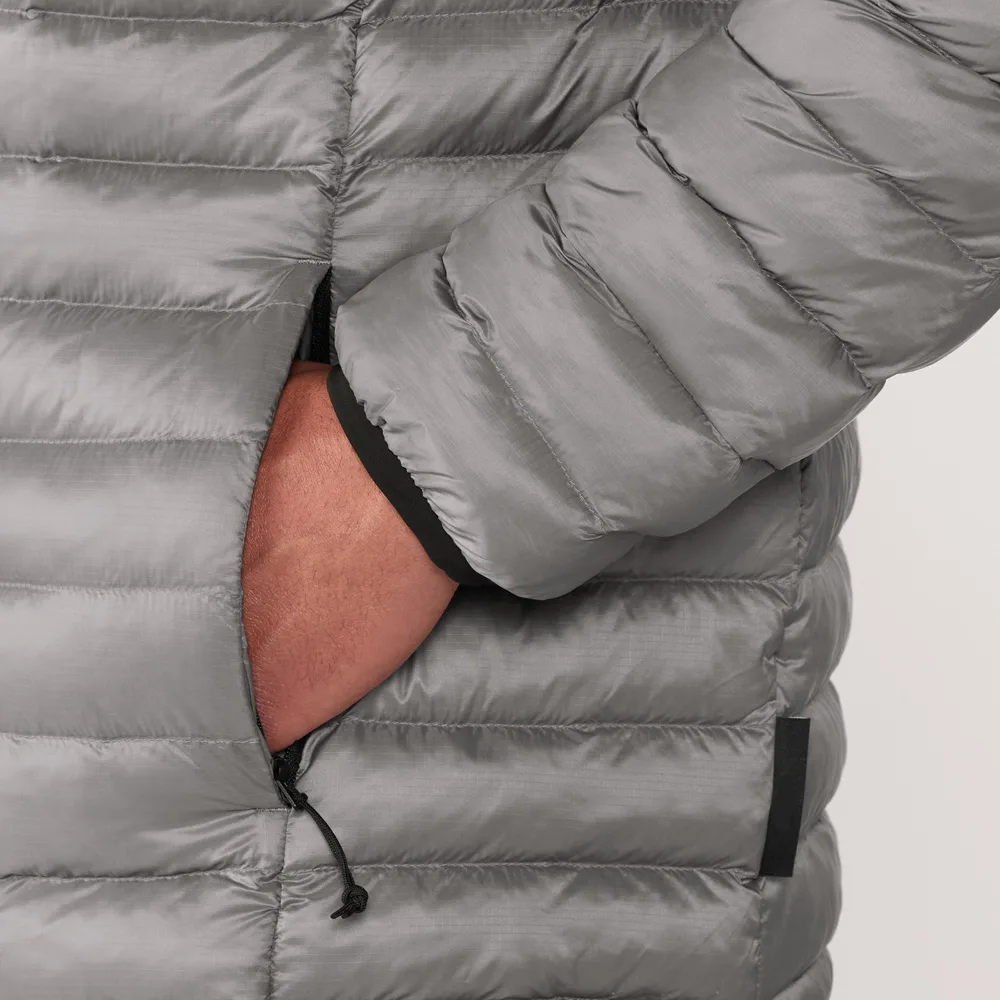 Men’s Lightweight Puffer Jacket — Silver & Black — Silver, hand pocket detail