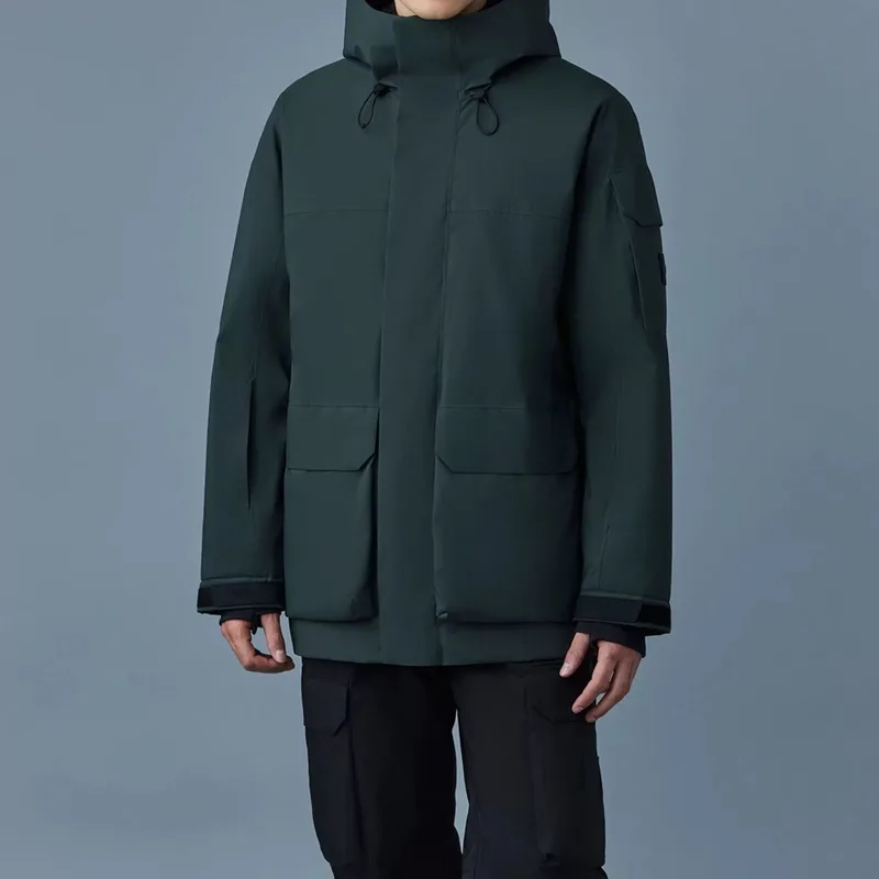 Men's Long Down Puffer Jacket — 4 Colourways — Green, worn front view