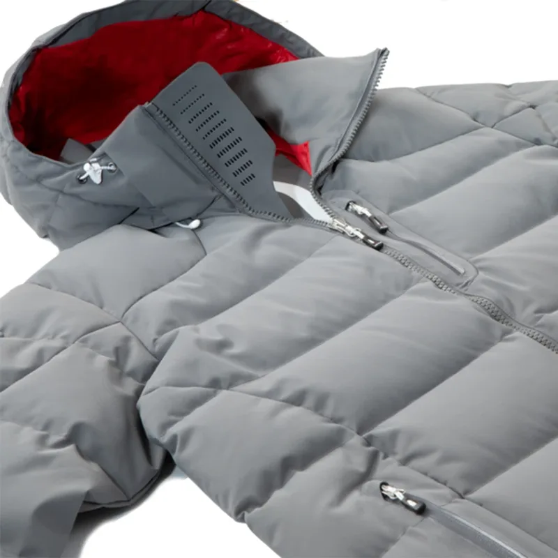 Men's Long Hooded Puffer Coat — 1 Colourway — Grey, collar and hood detail, flat