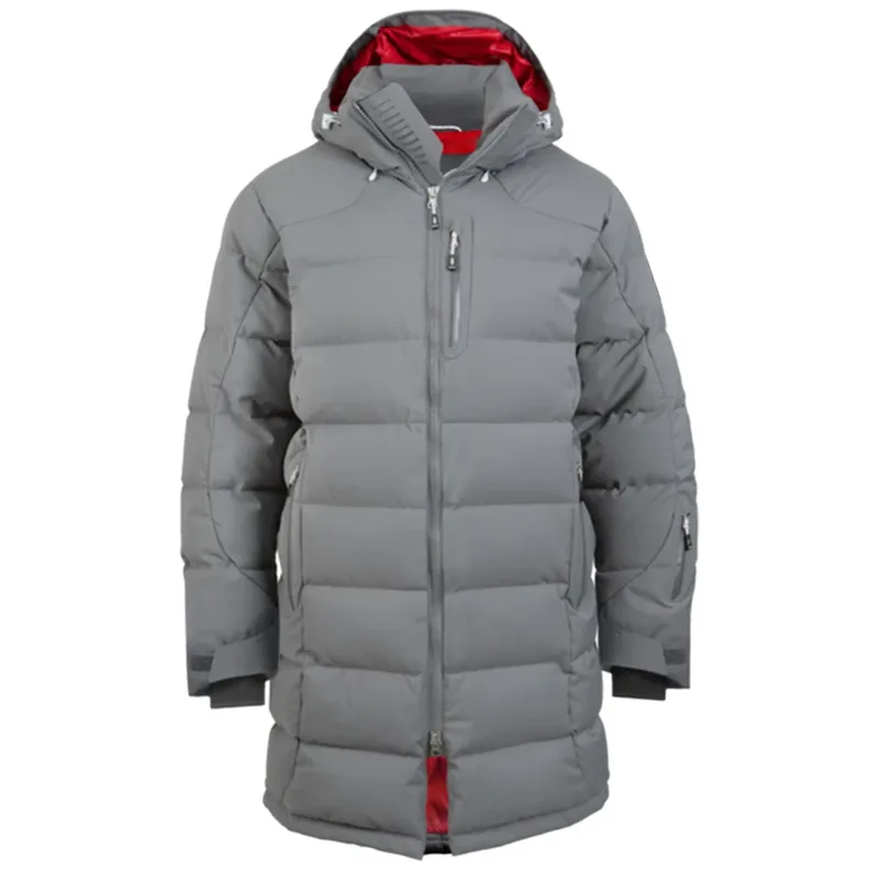 Men's Long Hooded Puffer Coat — 1 Colourway — Grey, ghost front view, clean