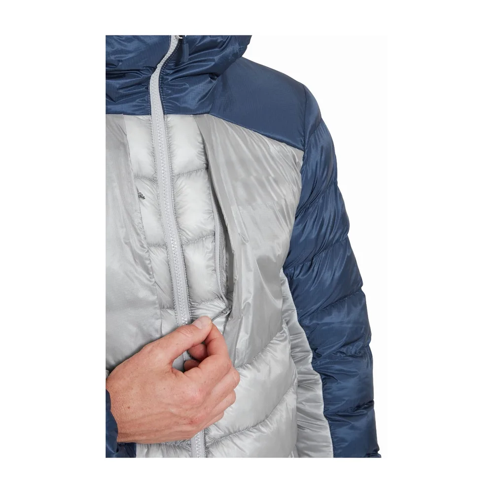 Men’s Long Hooded Puffer Jacket — Grey & Navy — Grey & Navy, chest and zip detail, worn
