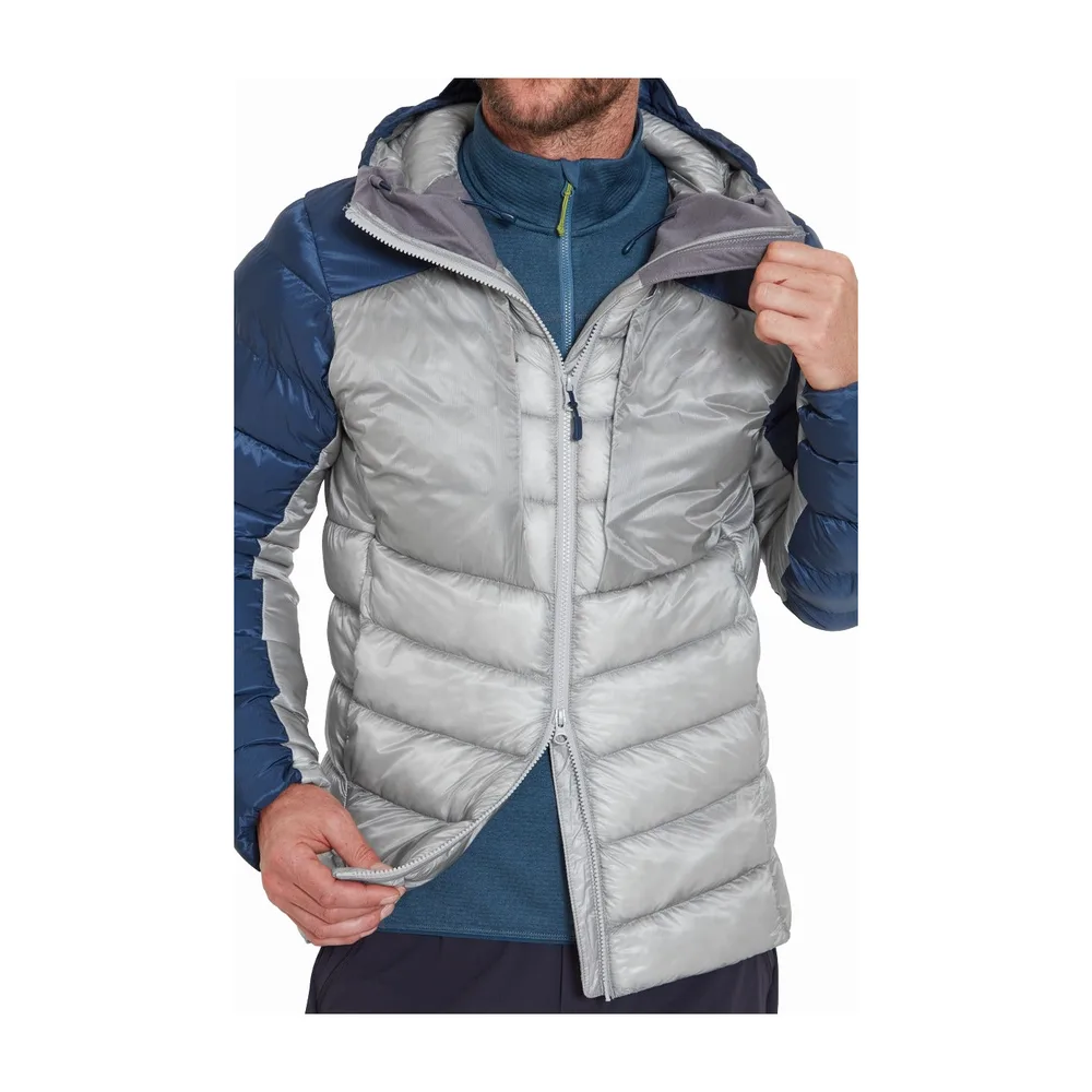 Men’s Long Hooded Puffer Jacket — Grey & Navy — Grey & Navy, front view, worn, open