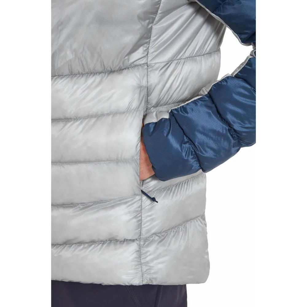 Men’s Long Hooded Puffer Jacket — Grey & Navy — Grey & Navy, side and pocket detail