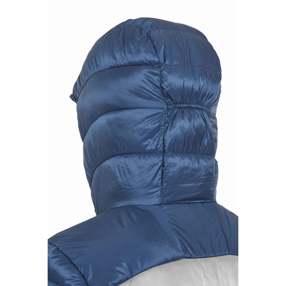 Men’s Long Hooded Puffer Jacket — Grey & Navy — Grey & Navy, hood detail, back view