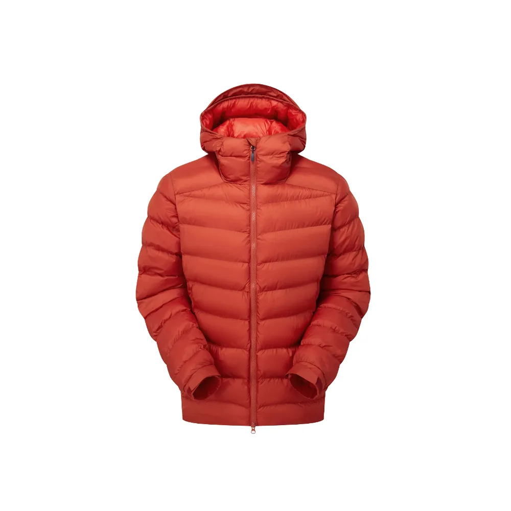 Men’s Long Puffer Jacket — Red — Red, front view, hood up