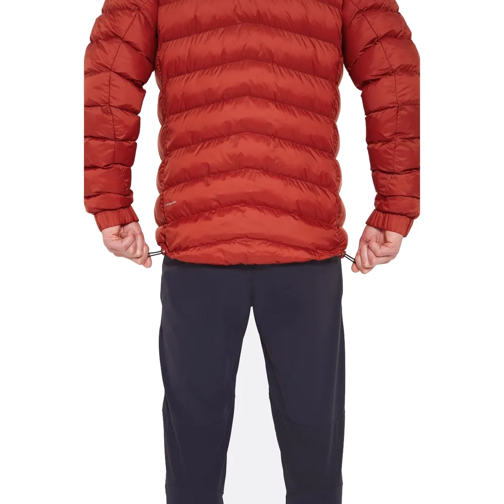 Men’s Long Puffer Jacket — Red — Red, back view, worn, hem drawcord