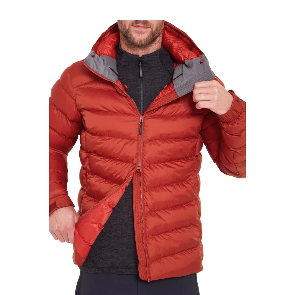 Men’s Long Puffer Jacket — Red — Red, front view, worn open