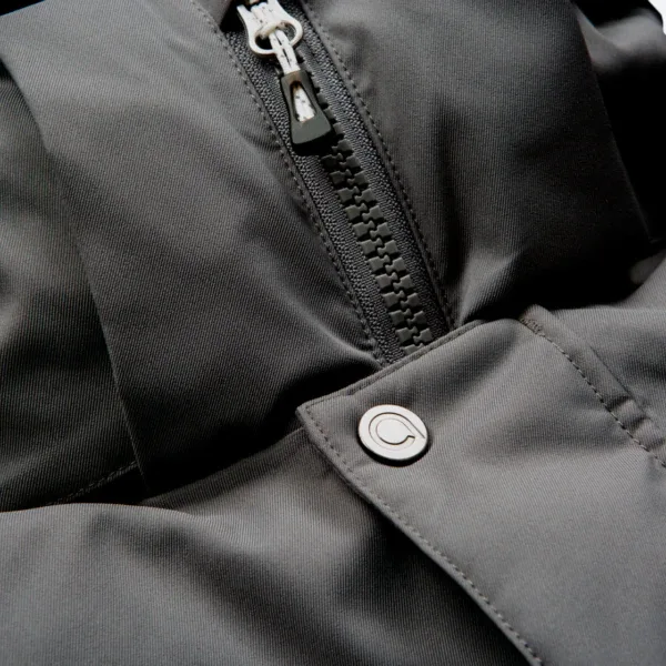 Men's Long Puffer Parka — 2 Colourways — Charcoal, snap and zip close-up