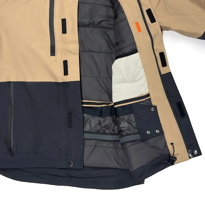 Men's Long Ski Jacket — Golden & Black — Golden & Black, open view, showing the lining and snow skirt