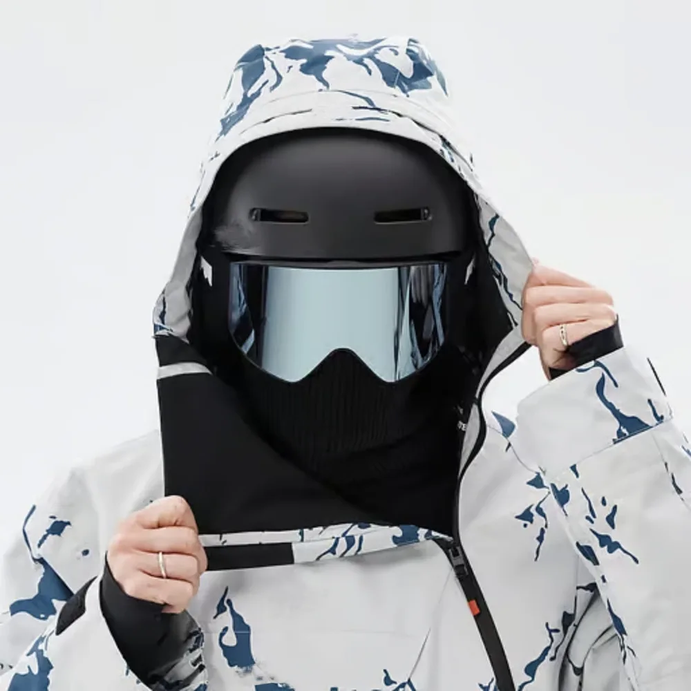 Men's Marble-Print Ski Jacket — Marble Print, hood up over helmet, front view