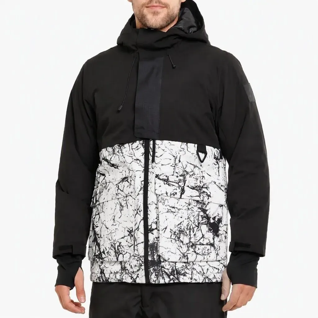 Men’s Marble Print Ski Jacket — Black & Marble Print, worn front view