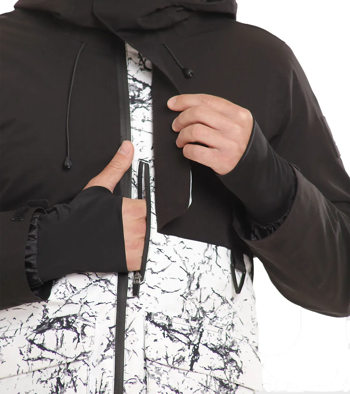 Men’s Marble Print Ski Jacket — Black & Marble Print, front zip detail