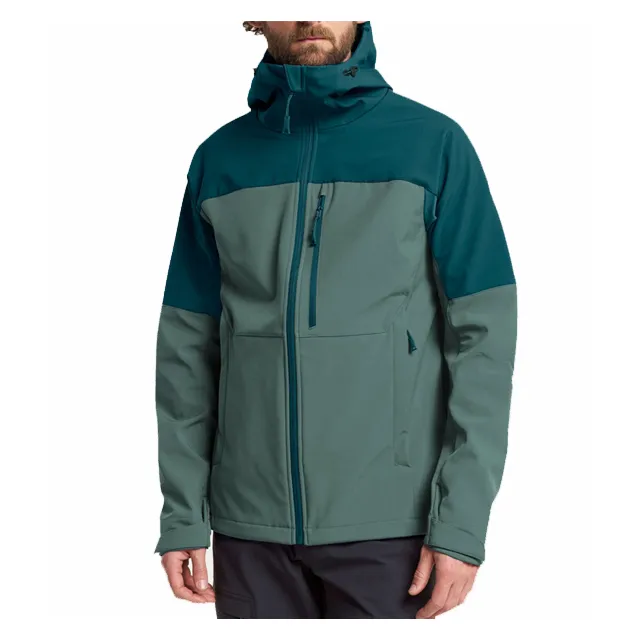 Men’s Multi-Pocket Softshell Jacket — Green — Green, hooded model front view
