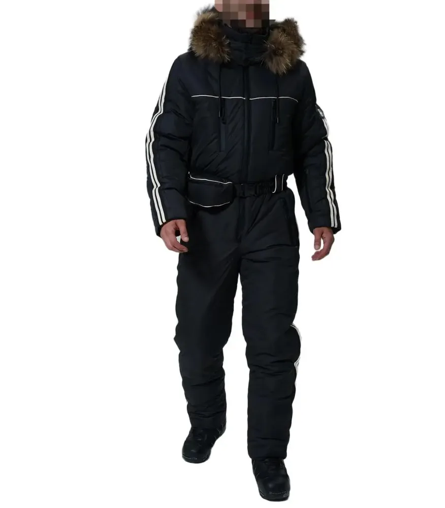 Men's One-Piece Ski Suit — Black — Black, worn front view