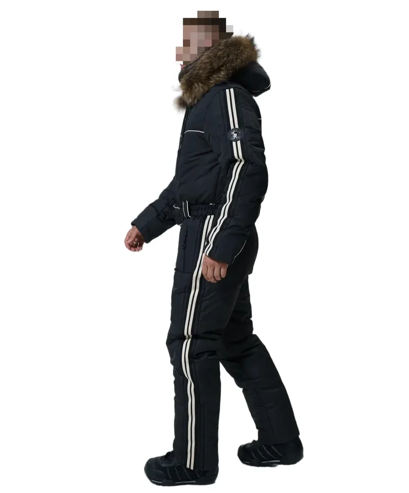 Men's One-Piece Ski Suit — Black — Black, worn side view
