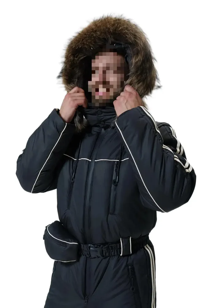 Men's One-Piece Ski Suit — Black — Black, faux-fur hood detail