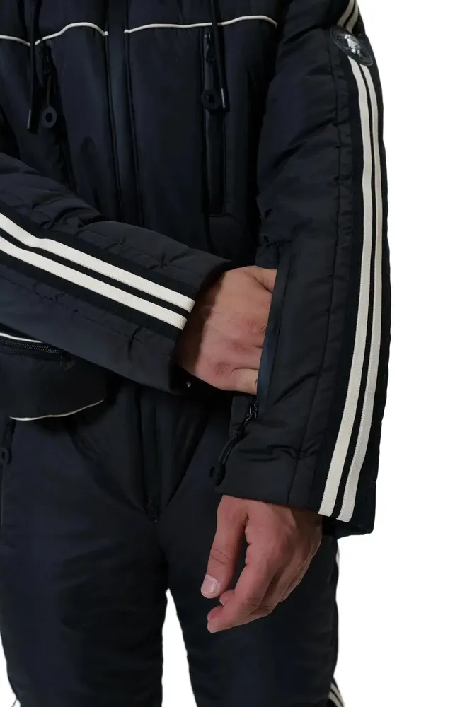 Men's One-Piece Ski Suit — Black — Black, sleeve stripe and pocket detail