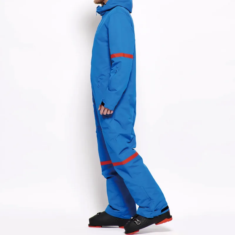Men's One-Piece Ski Suit — Blue & Red — 1 Colourway — Blue & Red, worn side view