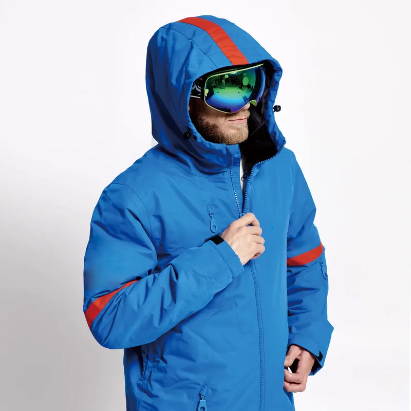 Men's One-Piece Ski Suit — Blue & Red — 1 Colourway — Blue & Red, hood-up front view with goggles