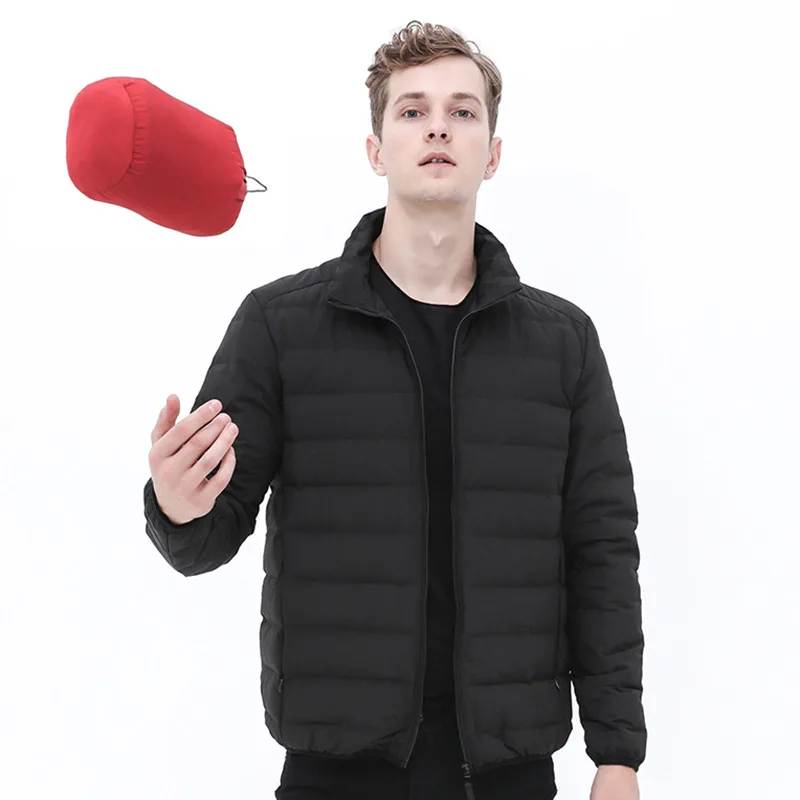 Men’s Packable Puffer Jacket — 4 Colourways — Black and Red, worn, with the red pack pouch