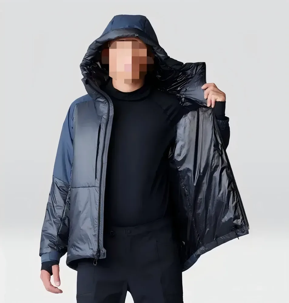 Men's Packable Quilted Jacket — Navy, hood up, worn view