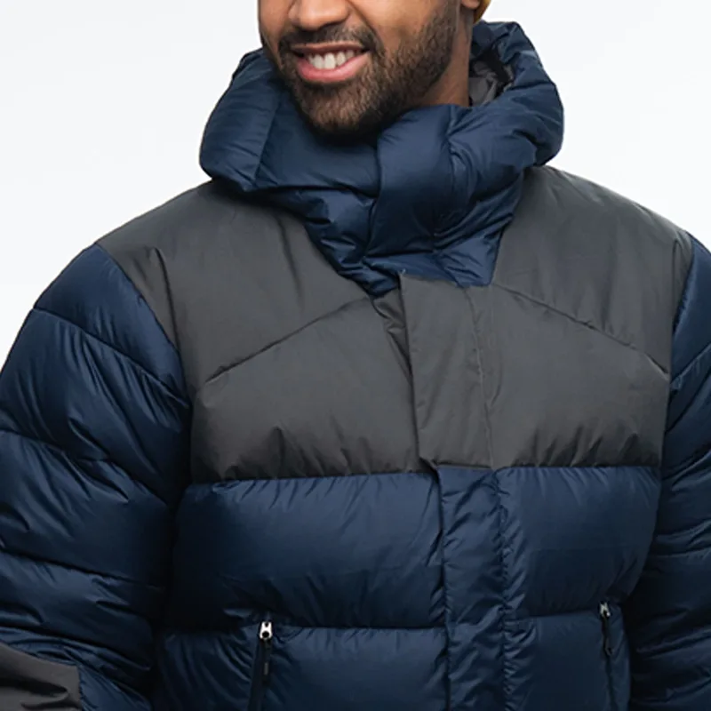 Men's Padded Puffer Jacket — 1 Colourway — Navy & Charcoal, chest and collar close-up