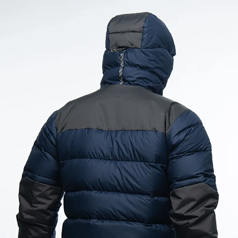 Men's Padded Puffer Jacket — 1 Colourway — Navy & Charcoal, hood up, back view