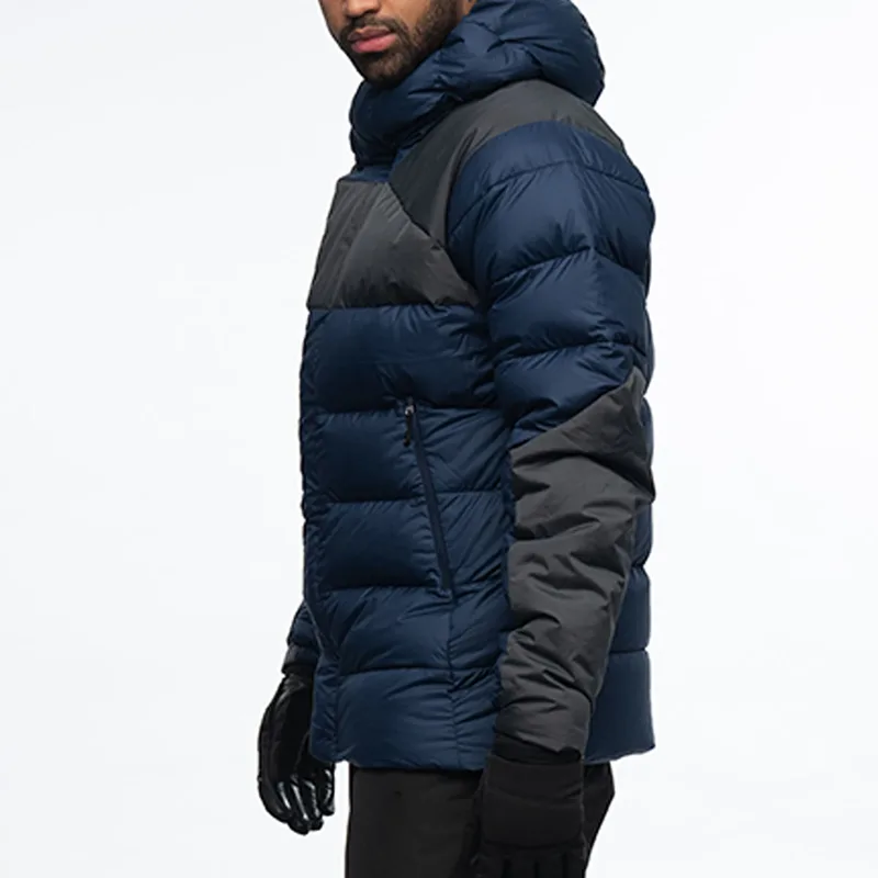 Men's Padded Puffer Jacket — 1 Colourway — Navy & Charcoal, worn side view
