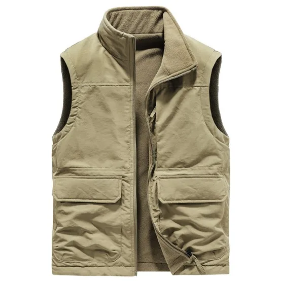 Men’s Padded Vest — Charcoal, Black & Khaki — Khaki, front view, open