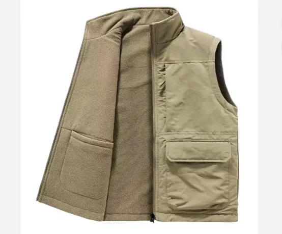 Men’s Padded Vest — Charcoal, Black & Khaki — Khaki, open view showing the fleece lining