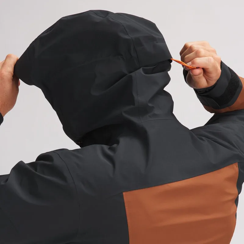 Men's Panelled Snowboard Jacket — 2 Colourways — Rust & Black, hood drawcord detail