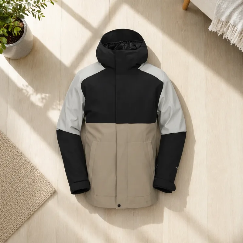 Men's Panelled Softshell Ski Jacket — 1 Colourway — Beige, Black & Light Grey, flat front view on wood