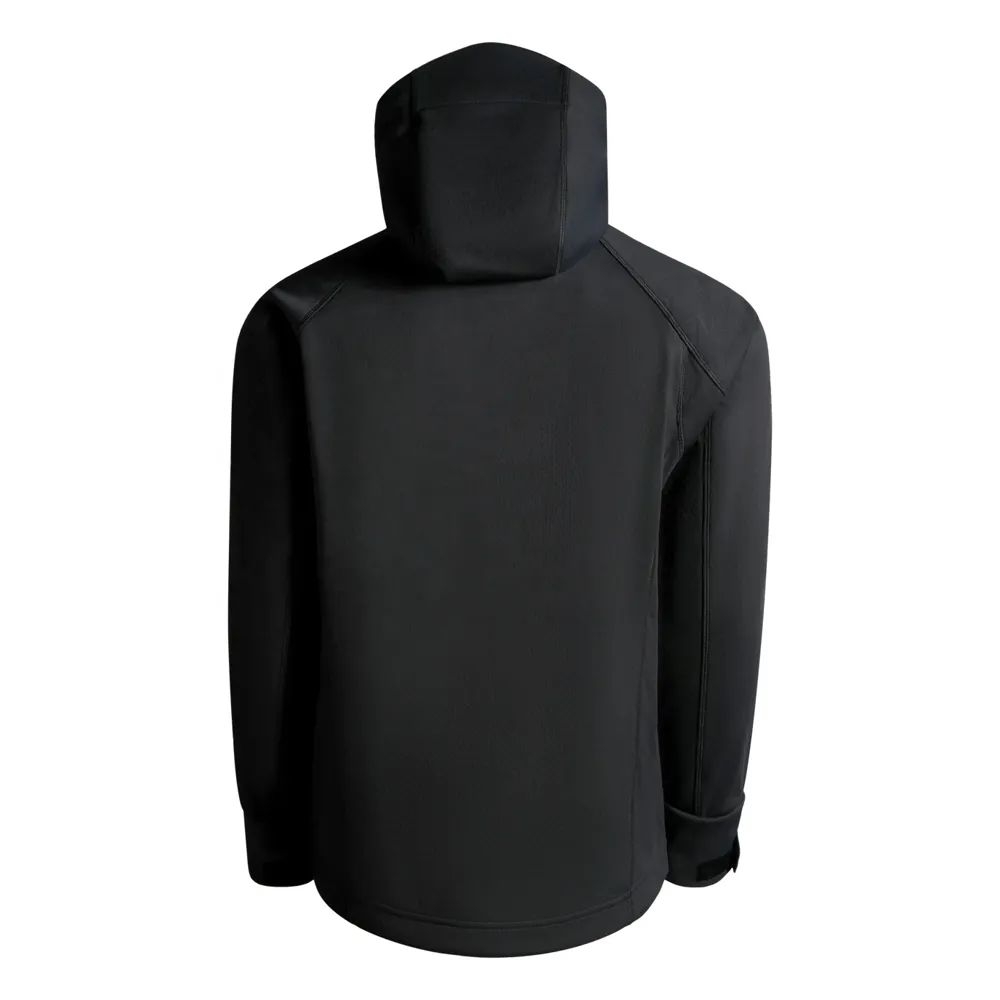 Men’s Plus-Size Hooded Softshell Jacket — Black — Black, back view, hood up