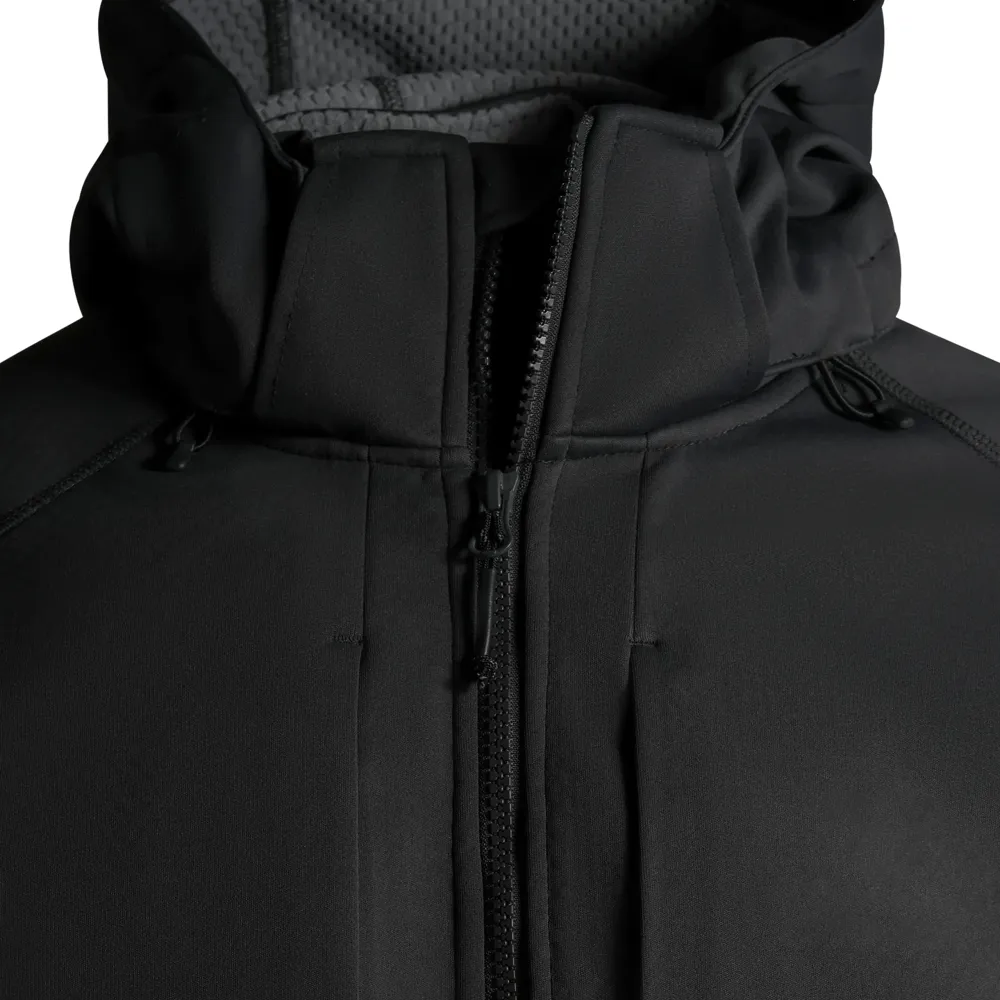 Men’s Plus-Size Hooded Softshell Jacket — Black — Black, collar zip close-up