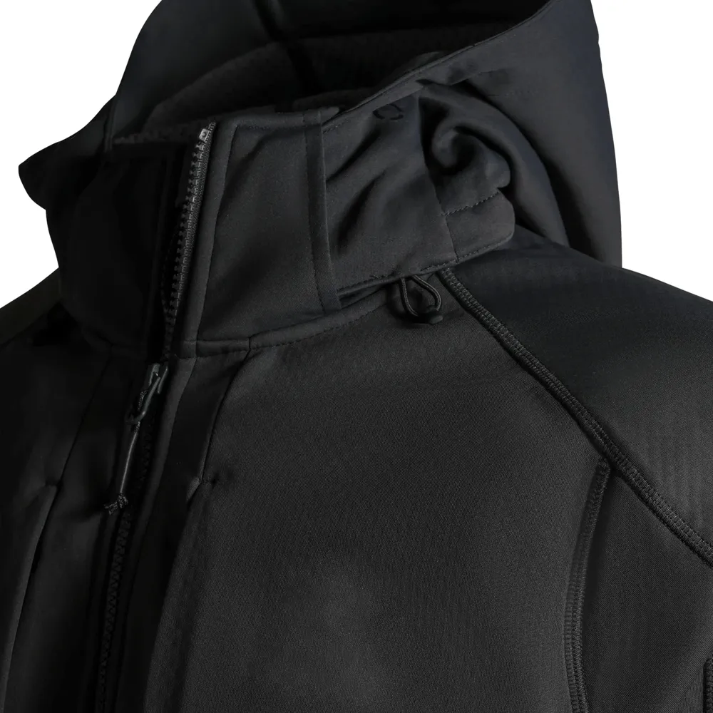 Men’s Plus-Size Hooded Softshell Jacket — Black — Black, hood interior and collar detail