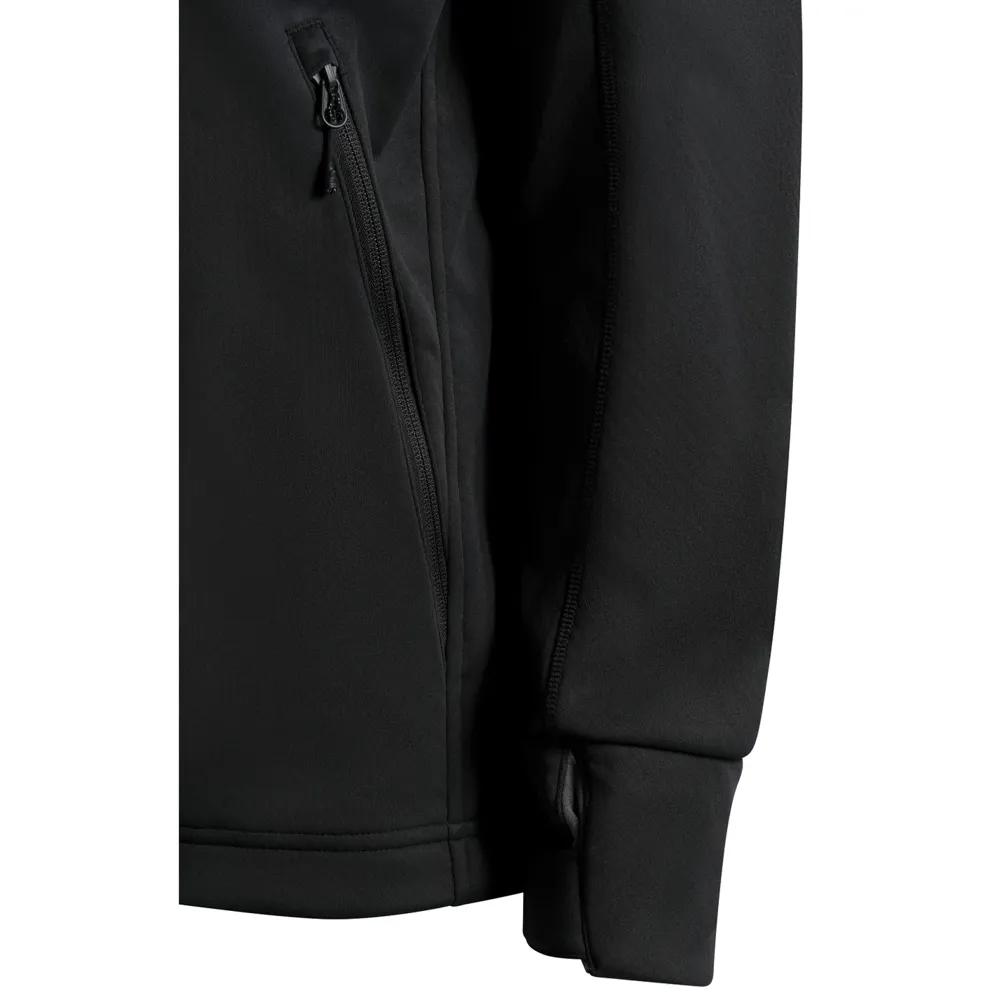 Men’s Plus-Size Hooded Softshell Jacket — Black — Black, side zip detail
