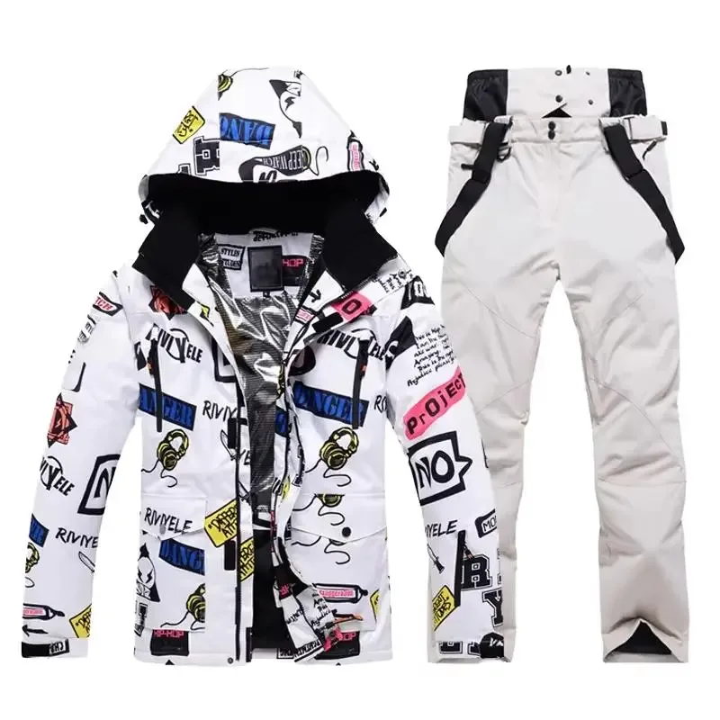 Men's Printed Two-Piece Ski Suit — 2 Prints — Graffiti Print / White Pants, front view