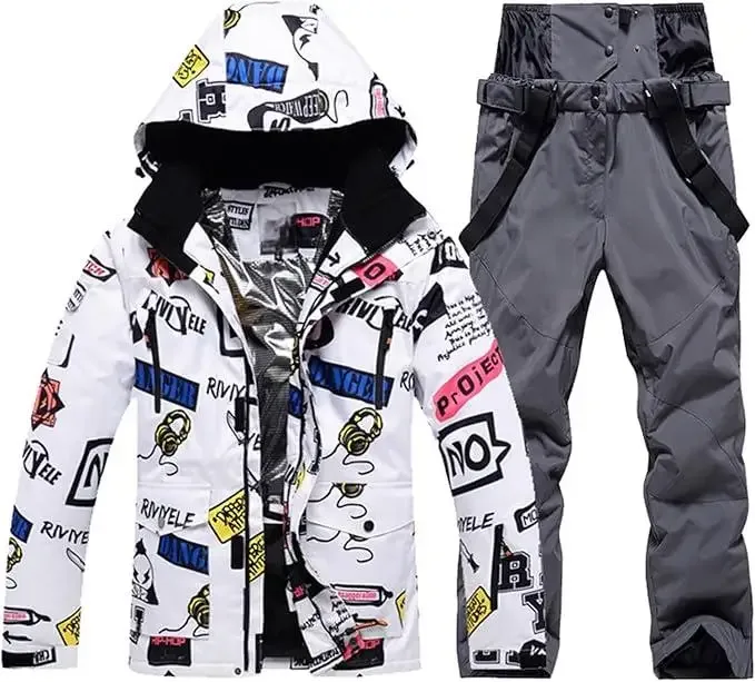 Men's Printed Two-Piece Ski Suit — 2 Prints — Graffiti Print / Grey Pants, combination view