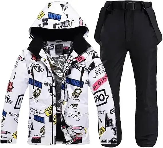 Men's Printed Two-Piece Ski Suit — 2 Prints — Graffiti Print / Black Pants, front view