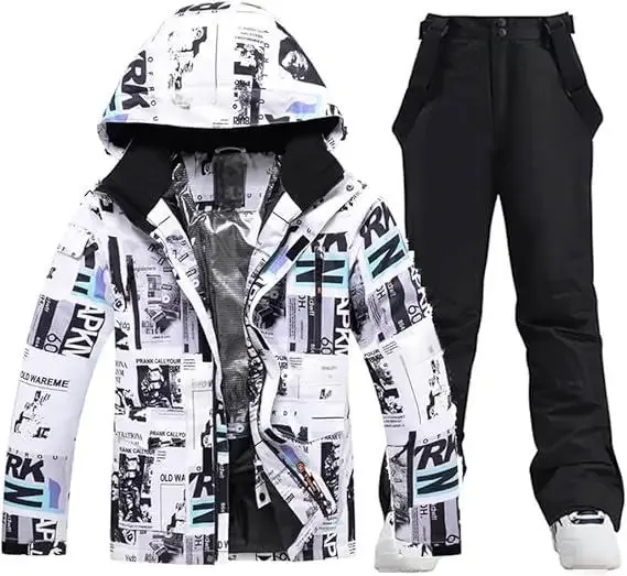Men's Printed Two-Piece Ski Suit — 2 Prints — Newspaper Print / Black Pants, front view