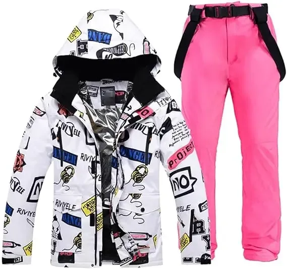 Men's Printed Two-Piece Ski Suit — 2 Prints — Graffiti Print / Pink Pants, combination view