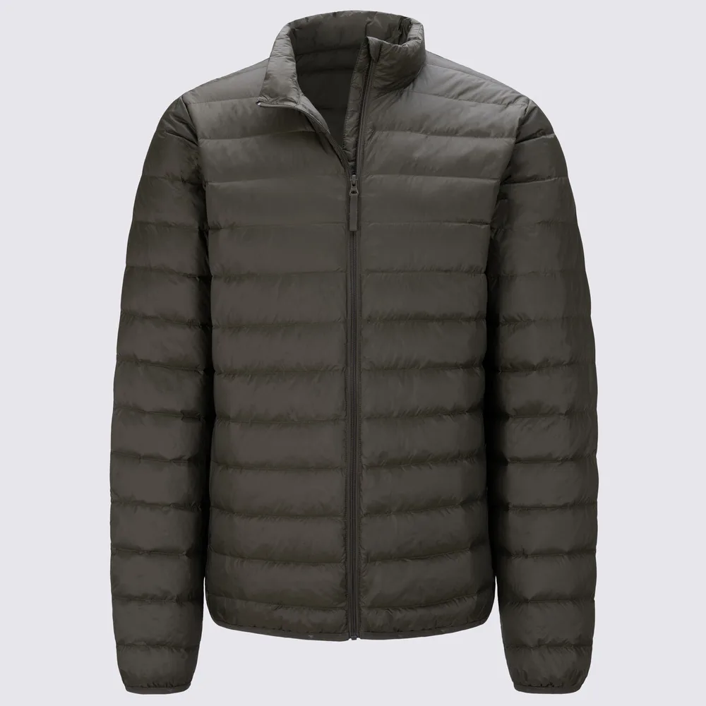 Men’s Puffer Jacket — Navy Blue, Army Green, Dusty Blue & Caramel Brown — Army Green, front view