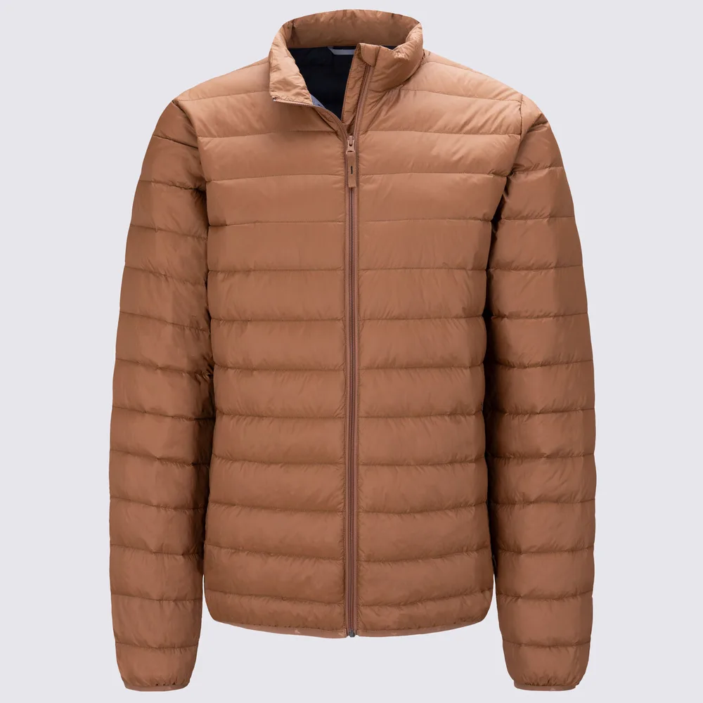 Men’s Puffer Jacket — Navy Blue, Army Green, Dusty Blue & Caramel Brown — Caramel Brown, front view