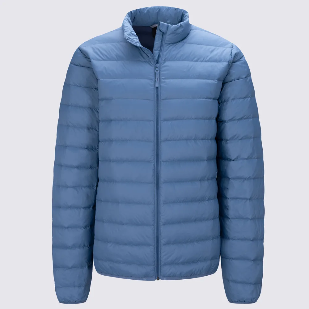 Men’s Puffer Jacket — Navy Blue, Army Green, Dusty Blue & Caramel Brown — Dusty Blue, front view