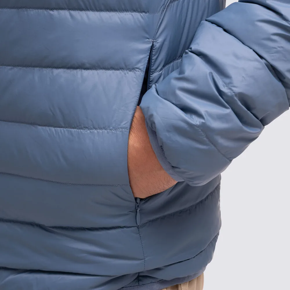 Men’s Puffer Jacket — Navy Blue, Army Green, Dusty Blue & Caramel Brown — Dusty Blue, pocket detail, worn
