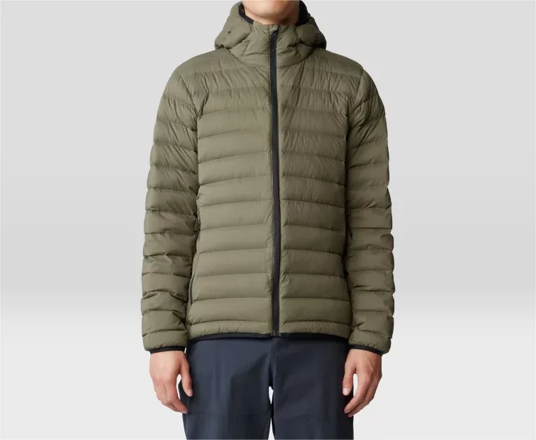 Men’s Puffer Jacket — Army Green, Black, Yellow & Blue — Army Green, front view, worn
