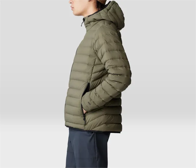Men’s Puffer Jacket — Army Green, Black, Yellow & Blue — Army Green, side view with hood, worn